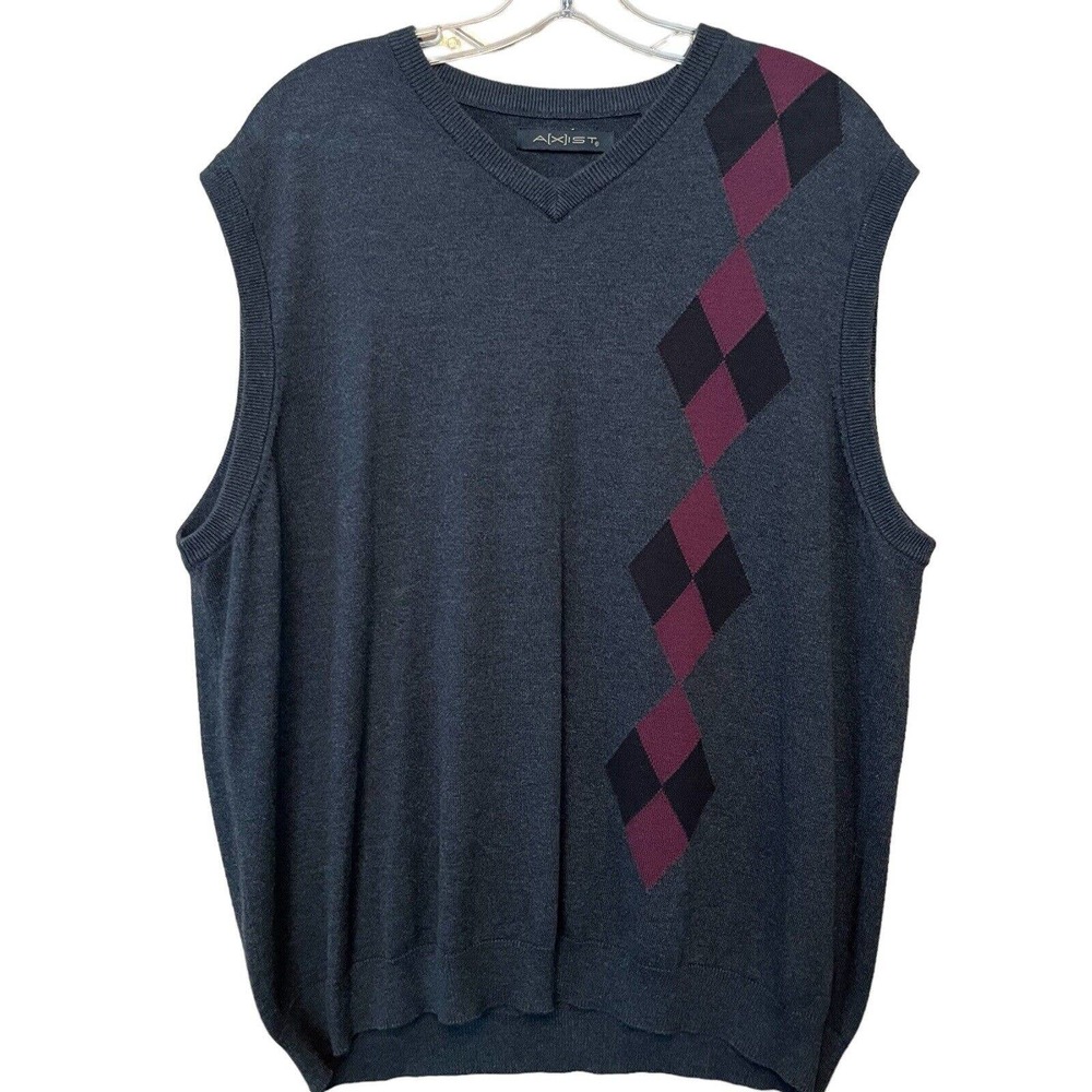 AXIST Sweater Vest Mens XXL Gray Merlot Black Argyle Diamond Design Preppy Comfy